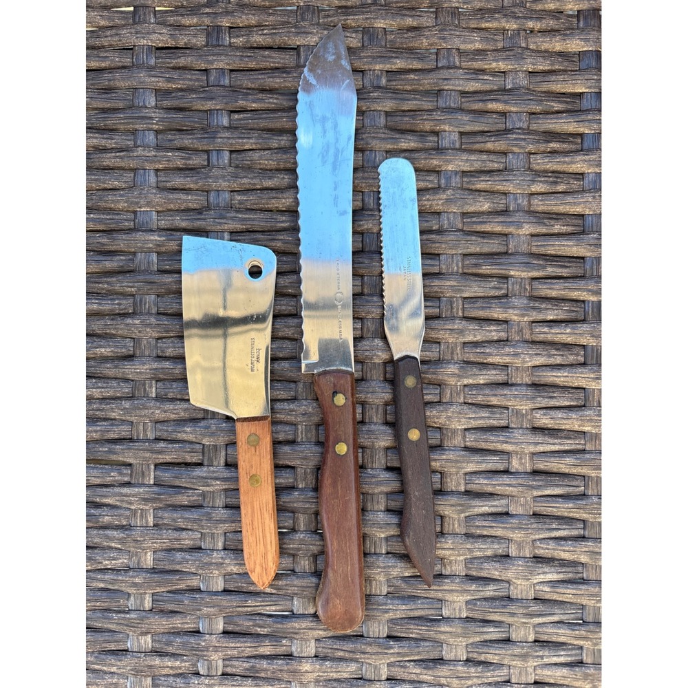 Vintage Ekco Eterna Bread Knife Bonny Mini Cleaver Spreader Wood Handle Set 3pc